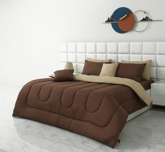 8 PCs Winter Comforter Set-Brown Over Beige Comforters Apricot