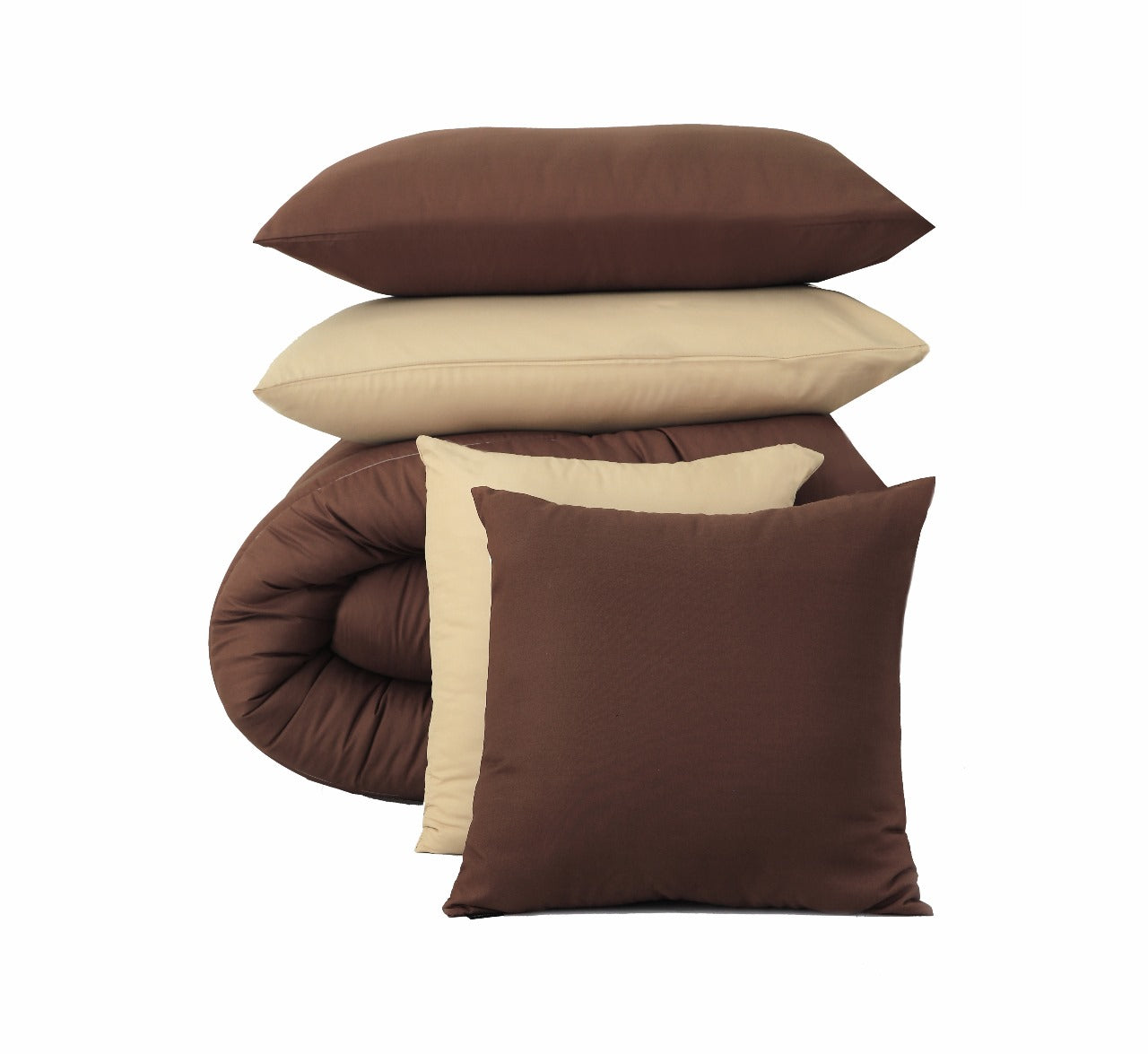 5 PCs Single Comforter Set-Brown Over Beige Comforters Apricot