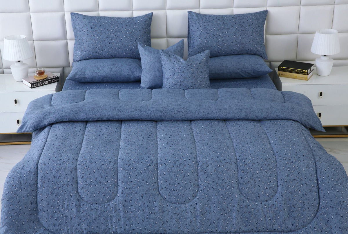 8 PCs Winter Razai Set-Raincloud Blue Feathers Comforters Apricot