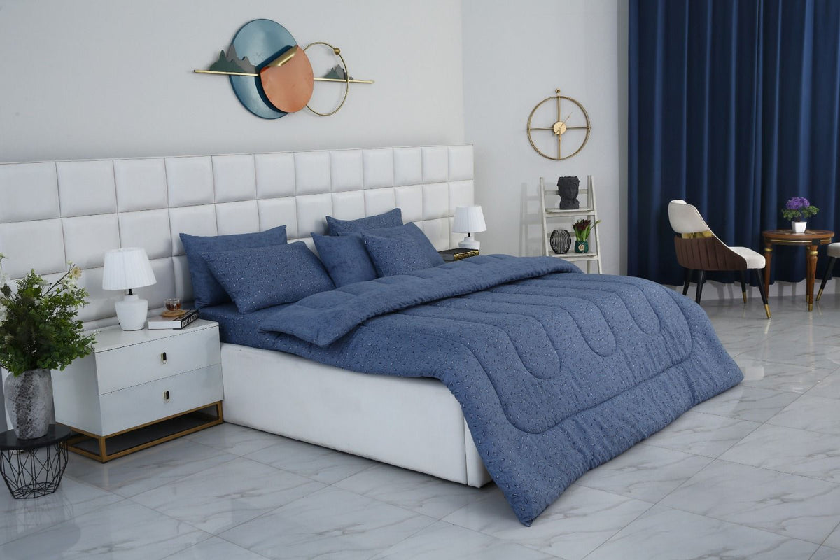 8 PCs Winter Razai Set-Raincloud Blue Feathers Comforters Apricot