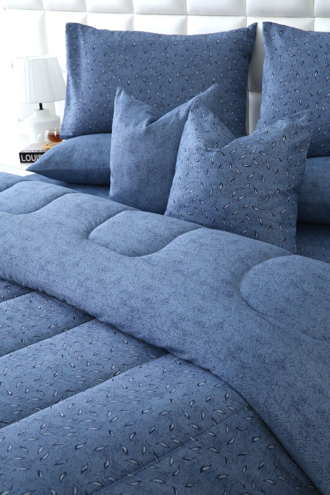 8 PCs Winter Razai Set-Raincloud Blue Feathers Comforters Apricot