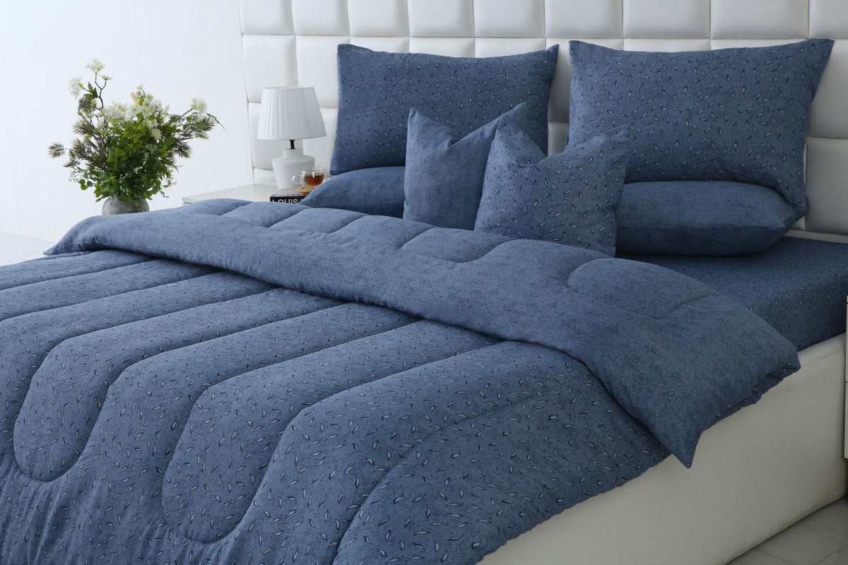 8 PCs Winter Razai Set-Raincloud Blue Feathers Comforters Apricot
