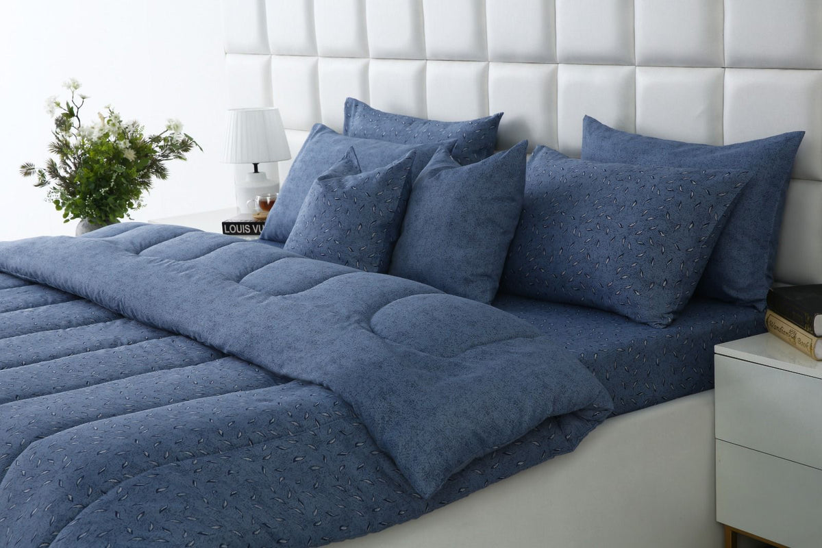 8 PCs Winter Razai Set-Raincloud Blue Feathers Comforters Apricot