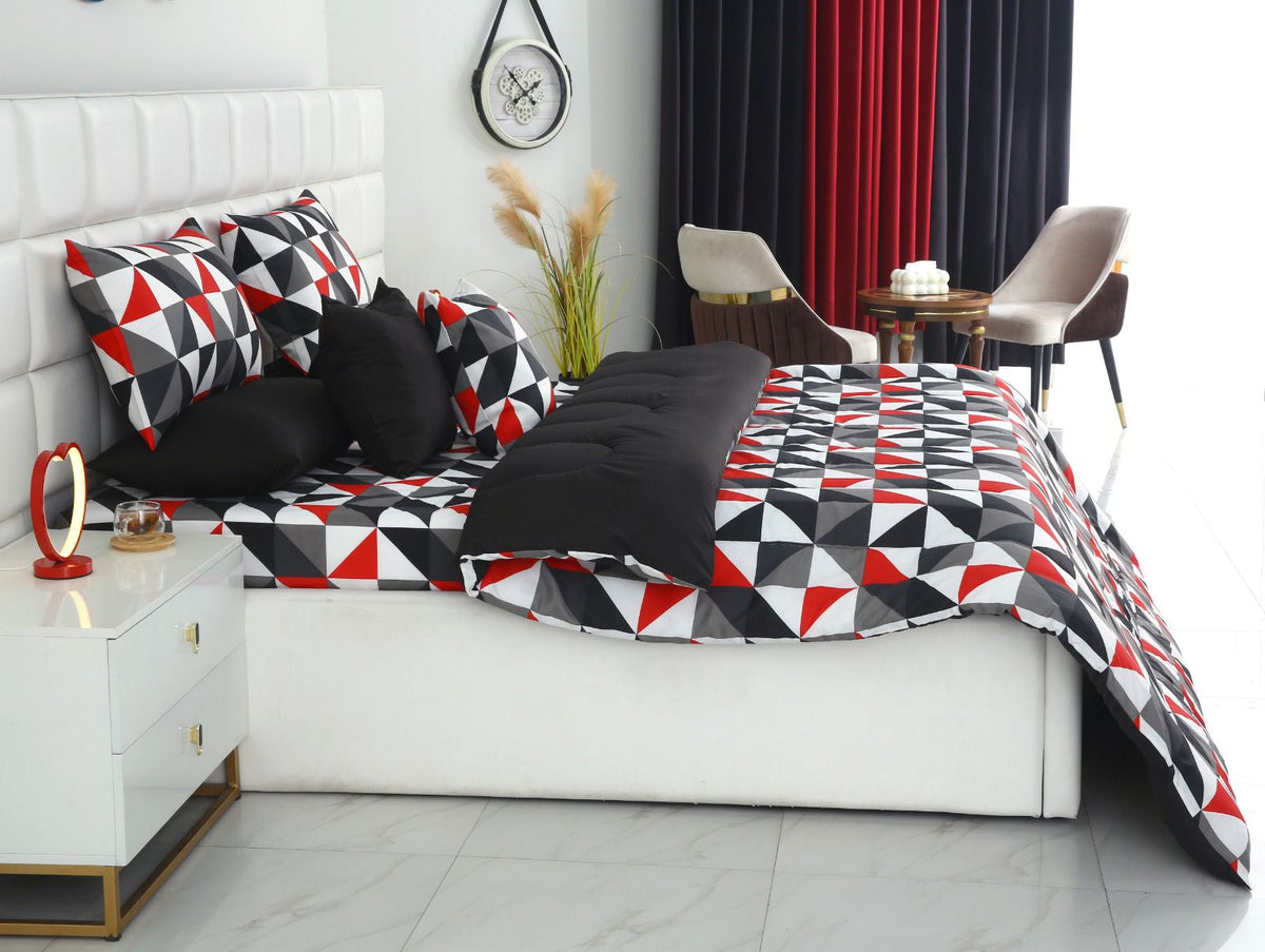 8 PCs Winter Razai Set-Abstract Geometric(With Black Reverse) Comforters Apricot