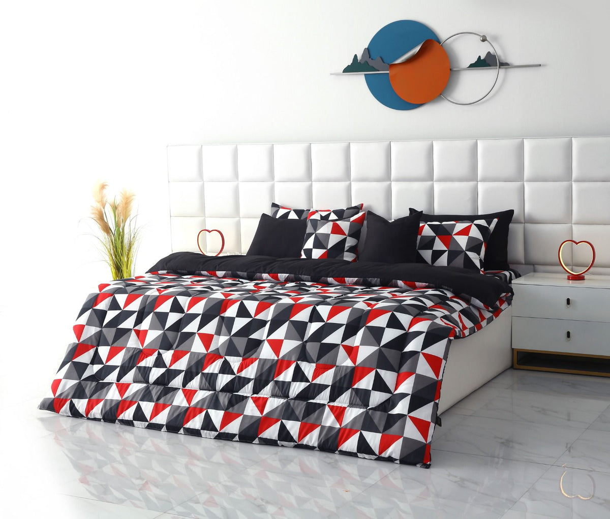 8 PCs Winter Razai Set-Abstract Geometric(With Black Reverse) Comforters Apricot