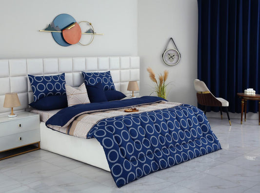 8 PCs Winter Razai Set-Starry Nights(With Blue Reverse) Comforters Apricot