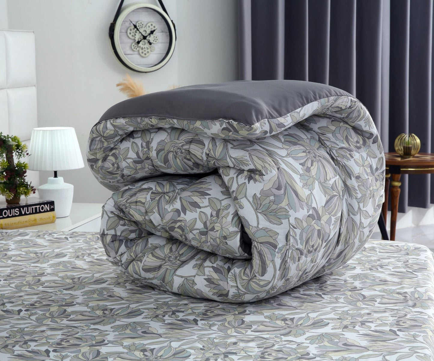 8 PCs Winter Razai Set-Buds Floral(With Pastel Grey Reverse) Comforters Apricot