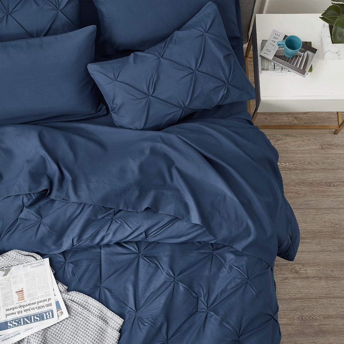Solid Pintuck Duvet Cover Set-Navy Blue Bed Sheets Apricot