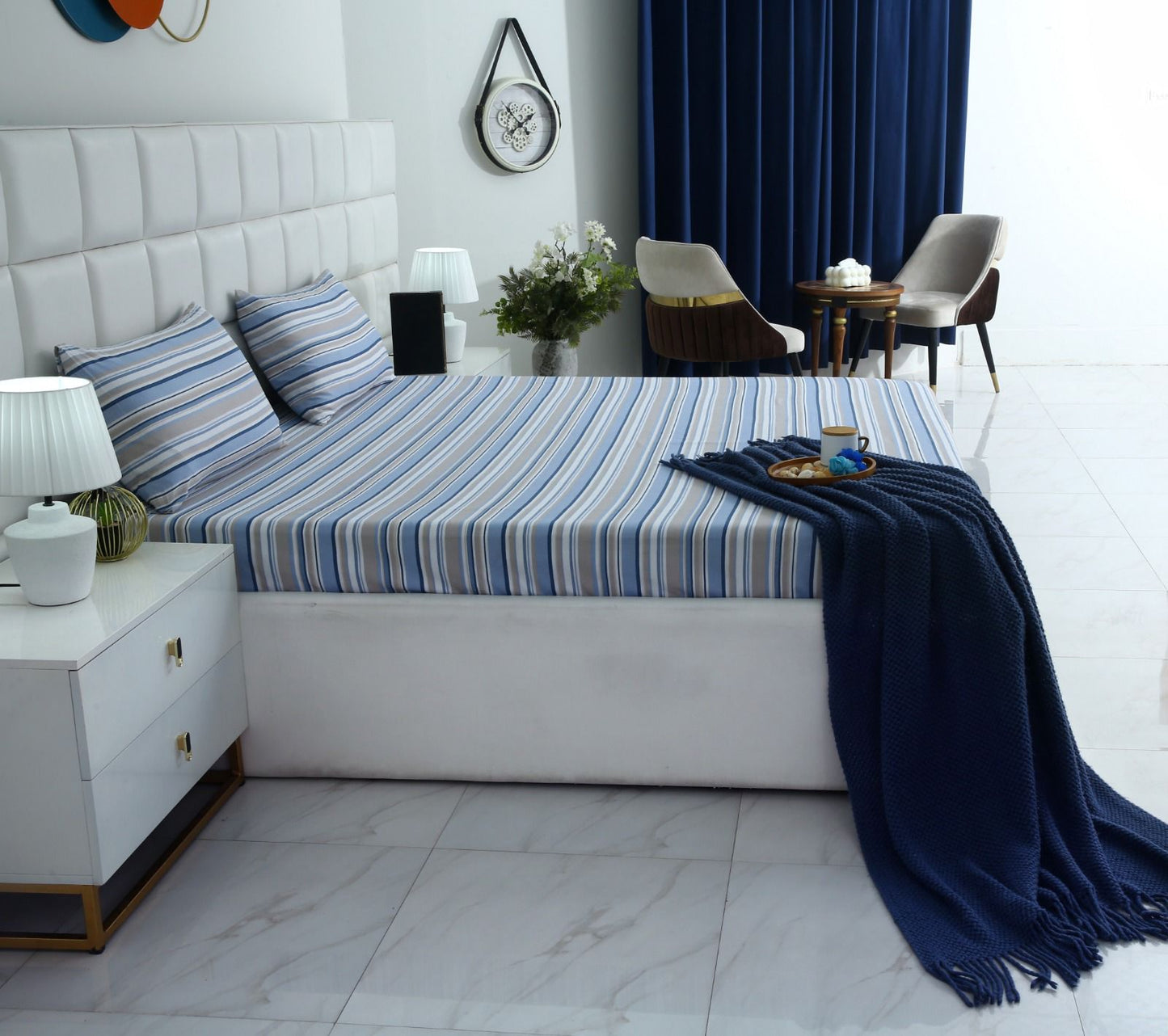 Fitted Bed Sheet-Petrol Stripes Fitted Sheets Apricot