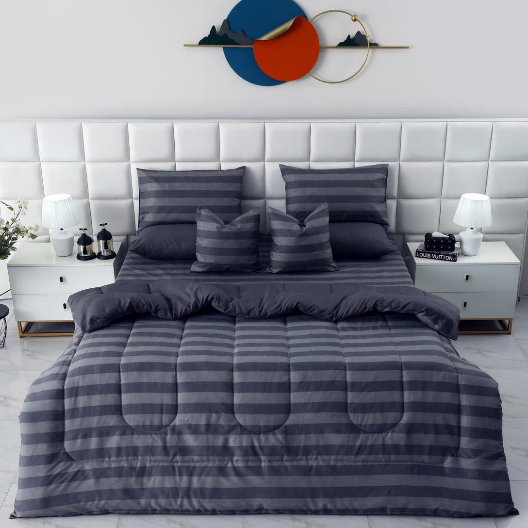8 PCs Winter Razai Set-Charcoal Stripes Comforters Apricot