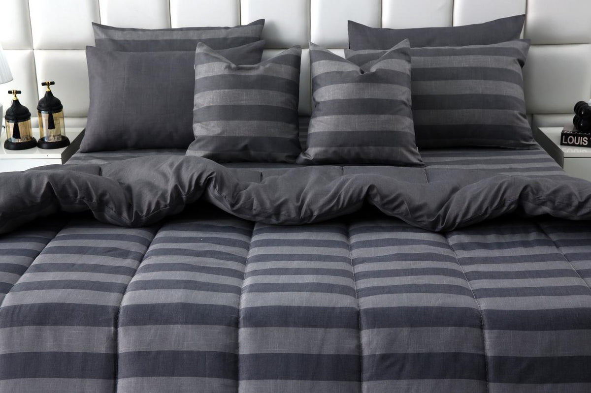 8 PCs Winter Razai Set-Charcoal Stripes Comforters Apricot