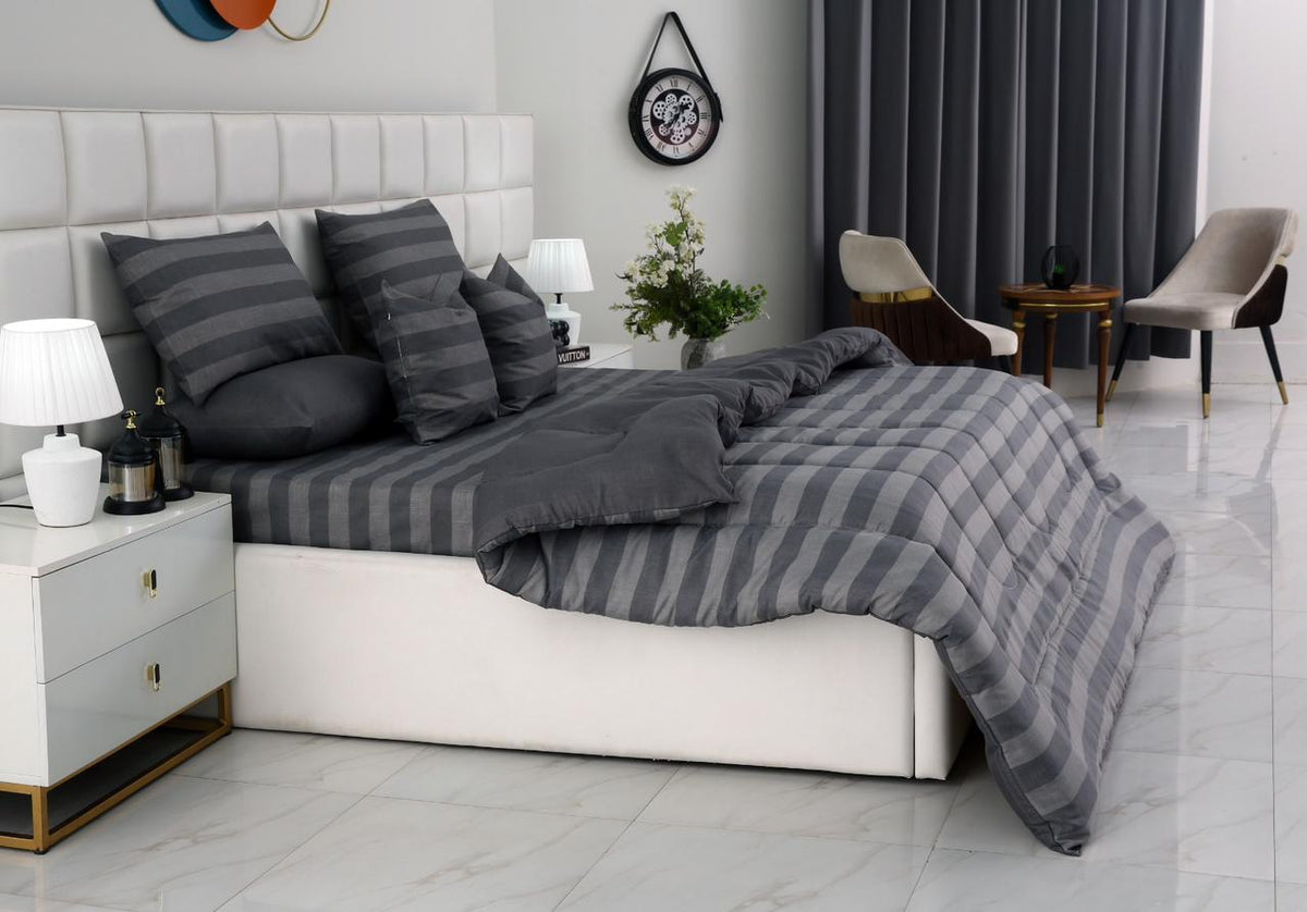 8 PCs Winter Razai Set-Charcoal Stripes Comforters Apricot