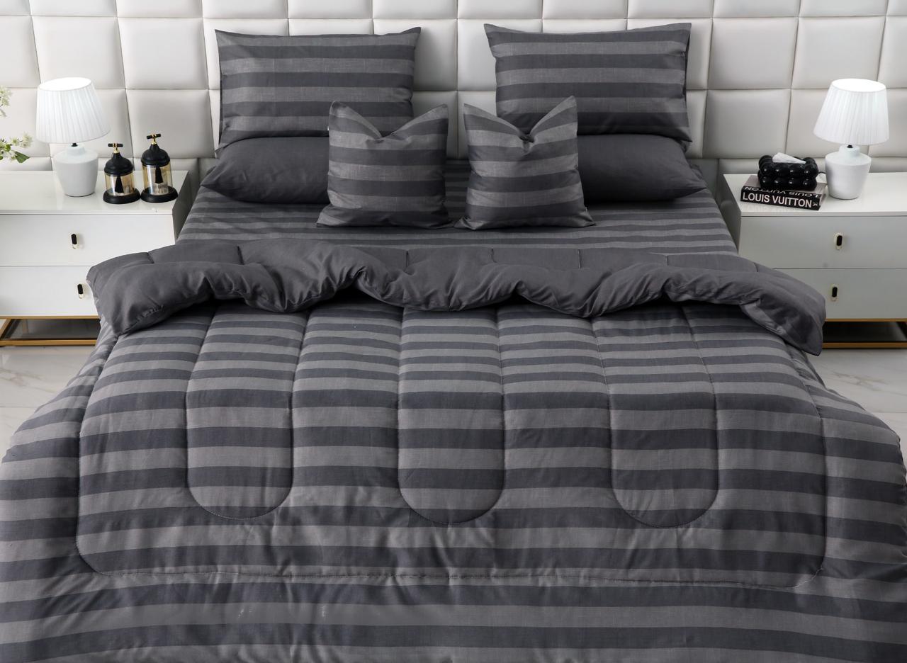 8 PCs Winter Razai Set-Charcoal Stripes Comforters Apricot