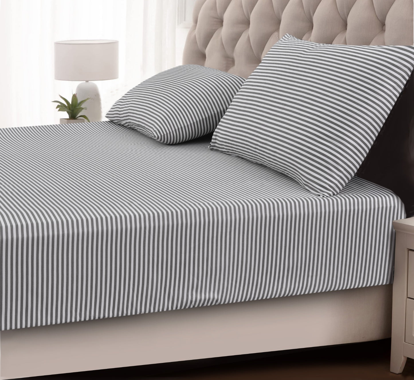 Fitted Bed Sheet-Grey Stripes Fitted Sheets Apricot