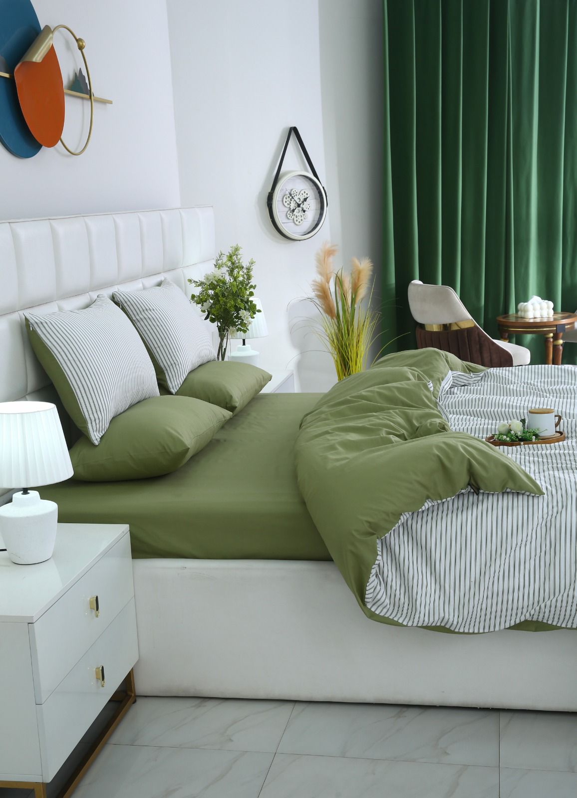 6 PCs Quilt Cover Set-Olive Stripes Duvet Cover Apricot