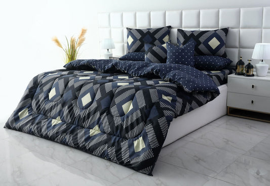 8 PCs Winter Razai Set-Black Art Comforters Apricot