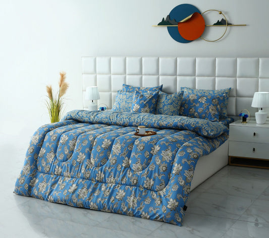 8 PCs Winter Razai Set-Blue Paisley Comforters Apricot