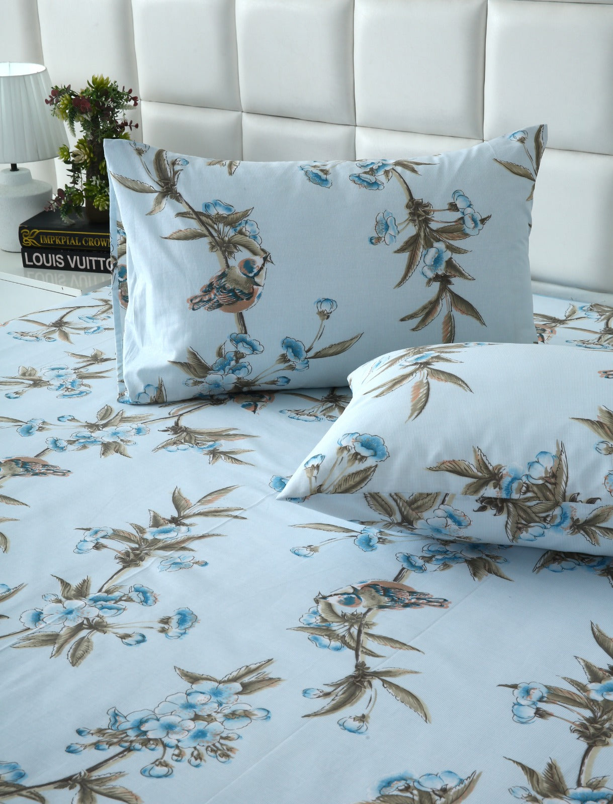 3 PCs Double Bed Sheet-Blue Birds Bed Sheets Apricot