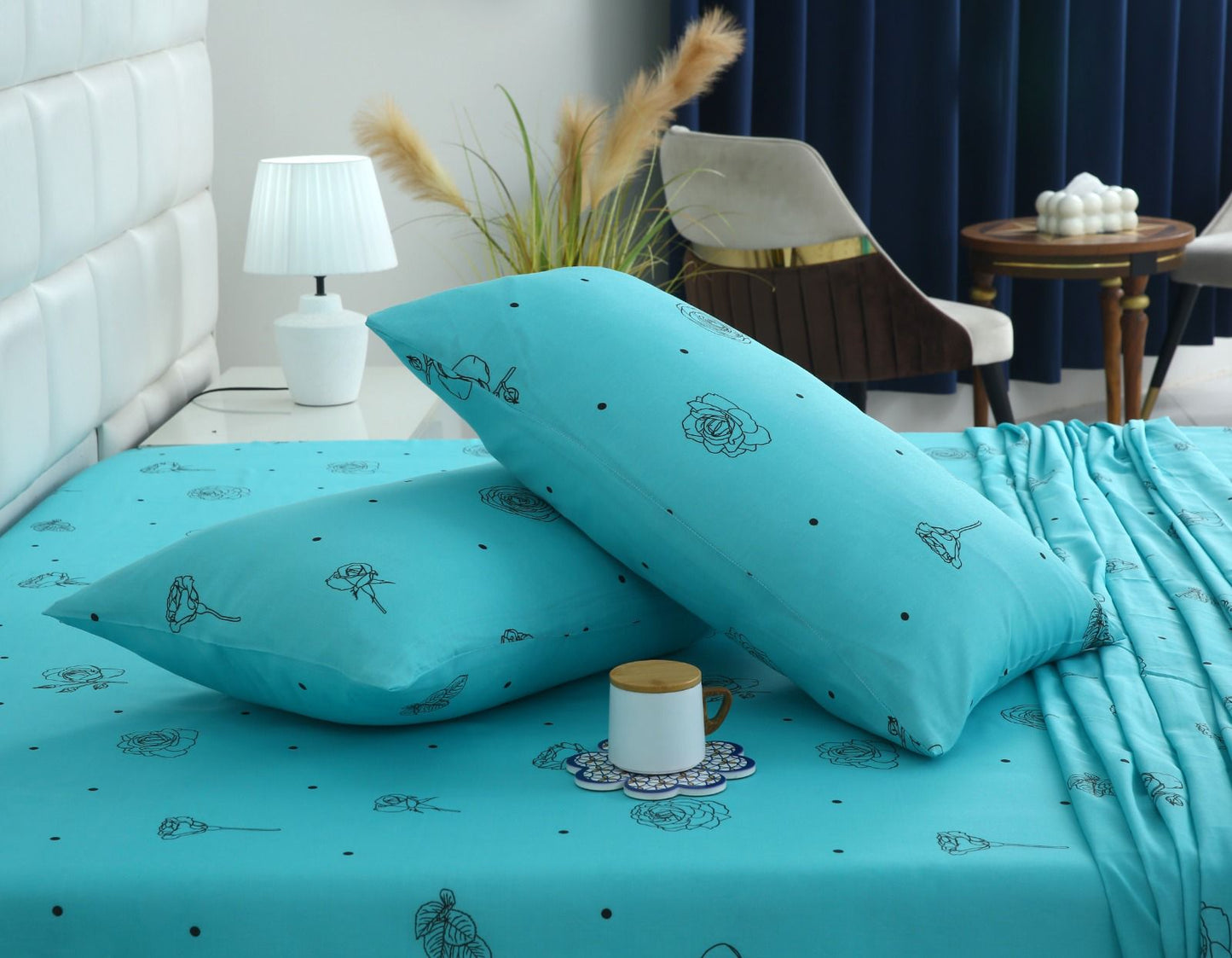 3 PCs Double Bed Sheet-Aqua Abstract Flower