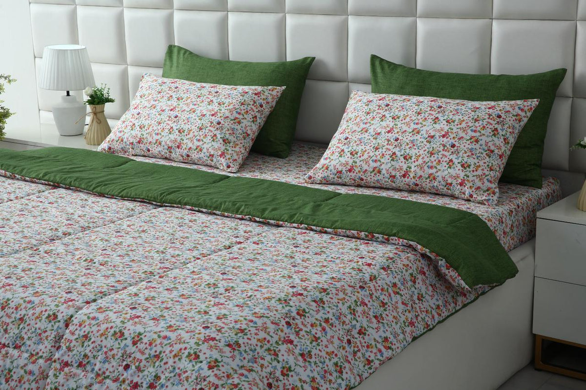 6 PCs Summer Comforter Set-Green Hellebore Bed Spread Apricot