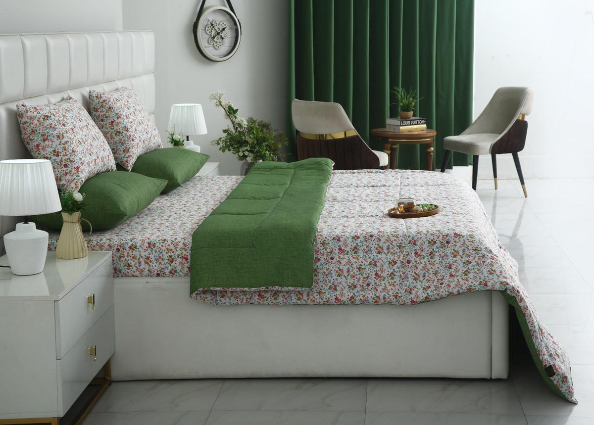 6 PCs Summer Comforter Set-Green Hellebore Bed Spread Apricot