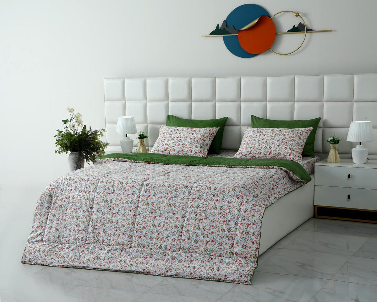6 PCs Summer Comforter Set-Green Hellebore Bed Spread Apricot