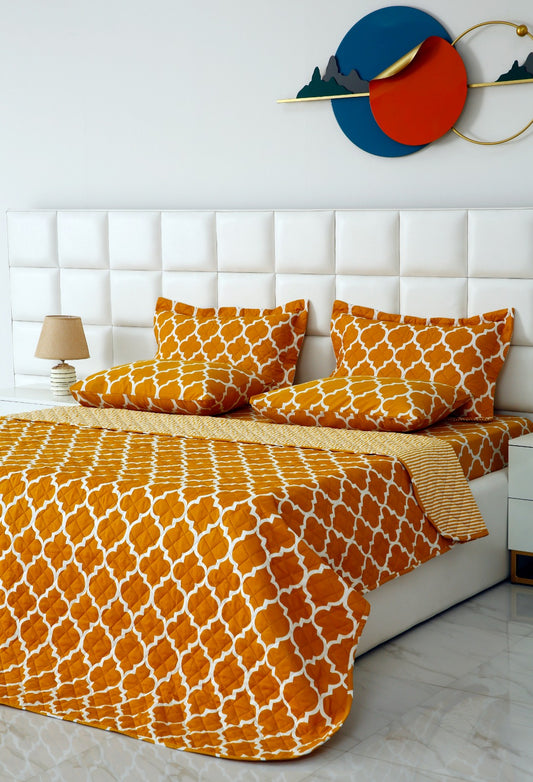 6 PCs Printed Bed Spread Set-Mustard Geometric Bed Spread Apricot