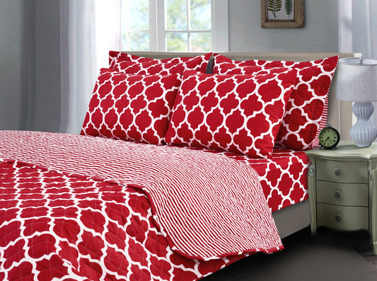 6 PCs Printed Bed Spread Set-Red Geometric Bed Spread Apricot