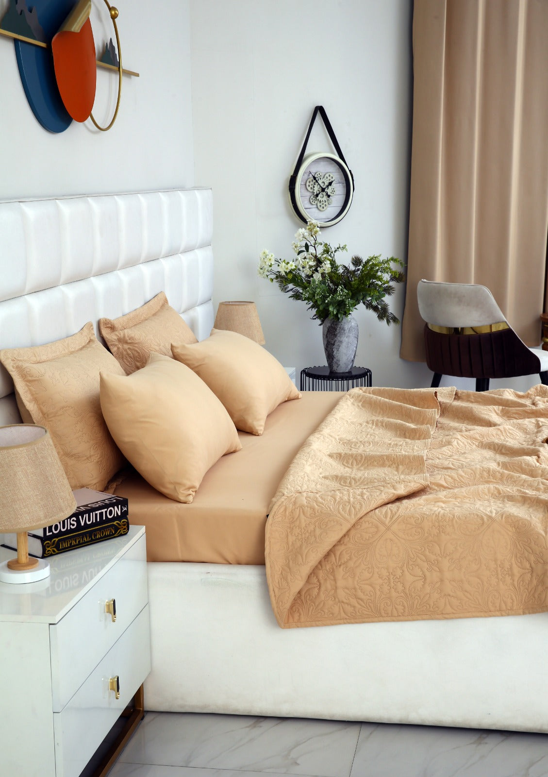 6 PCs Printed Bed Spread Set-Beige Bed Spread Apricot