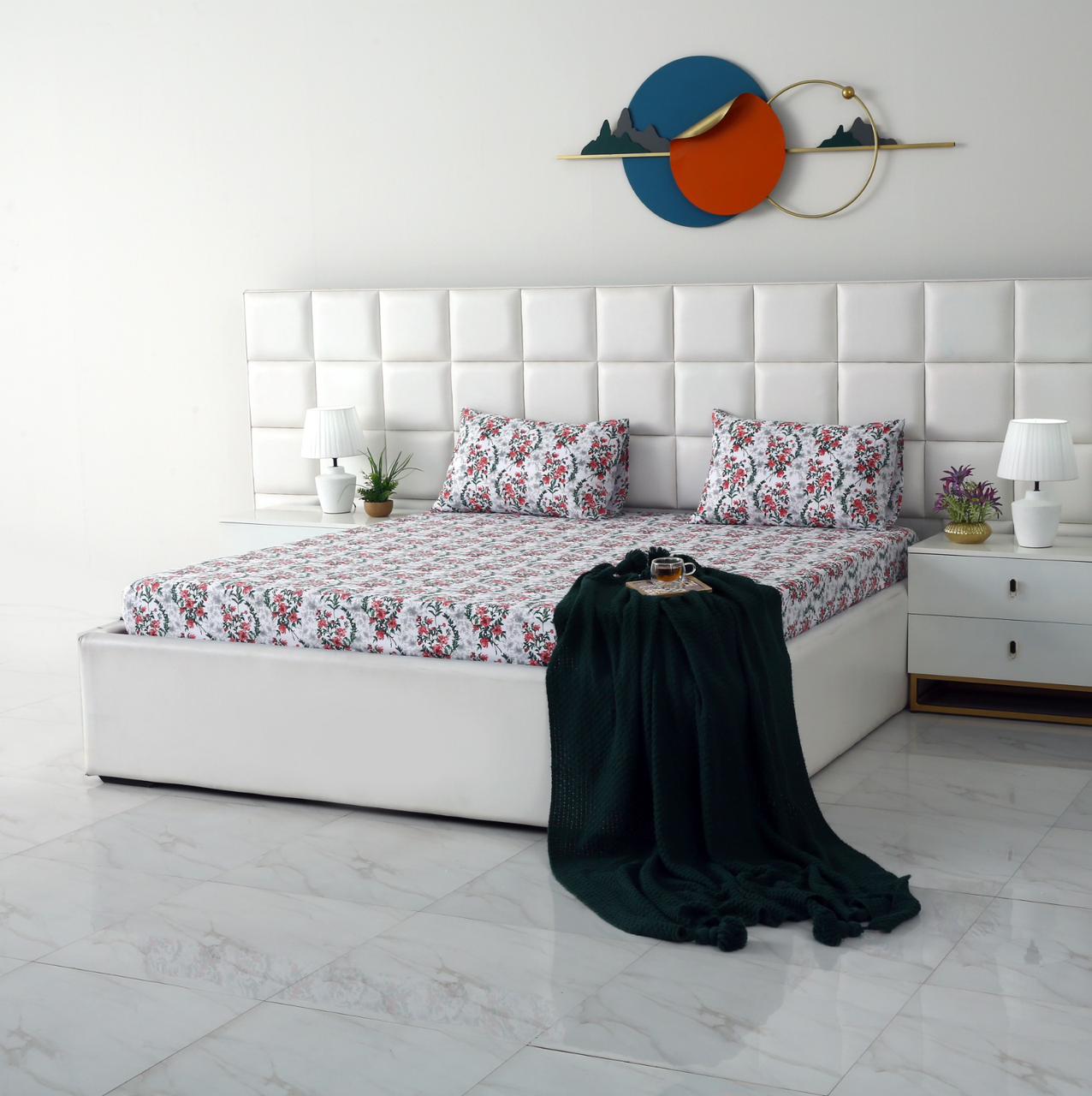 3 PCs Double Bed Sheet-Emerald Blooms BED SHEET Apricot