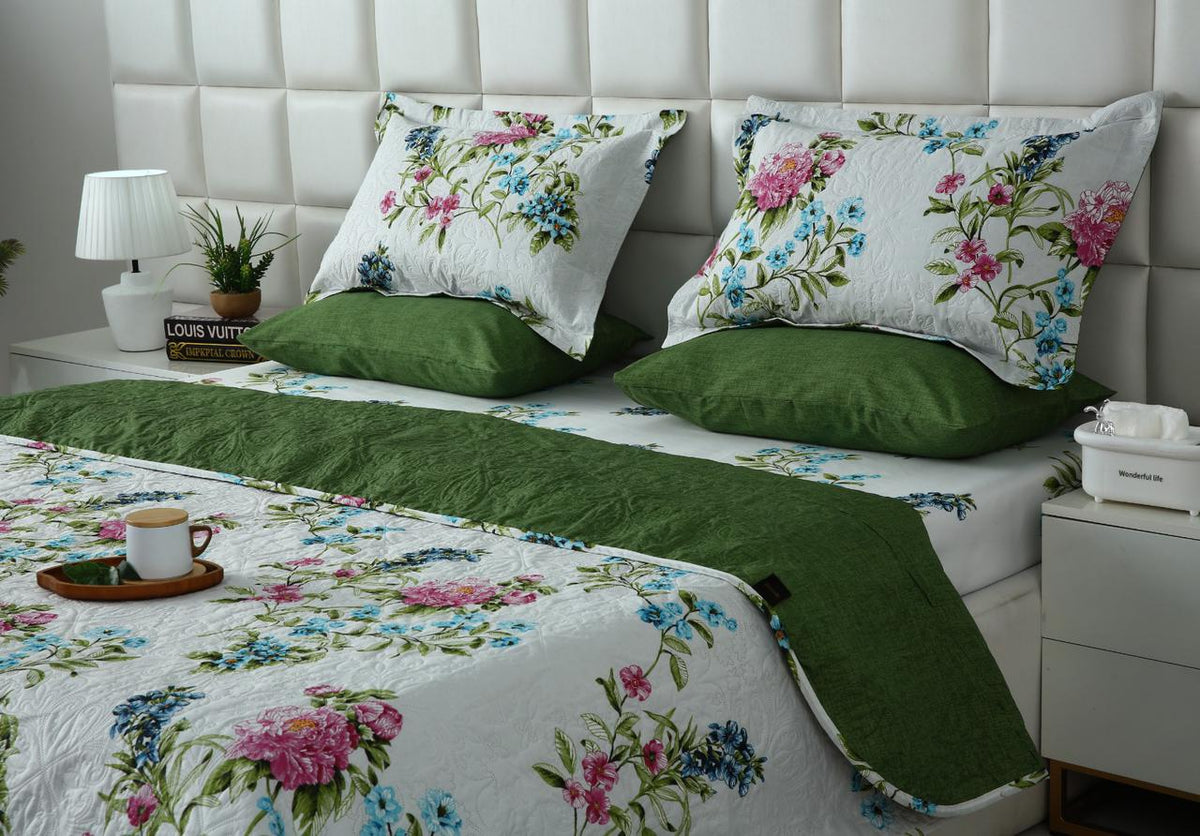 6 PCs Bed Spread Set- Green Lotus Bed Spread Apricot