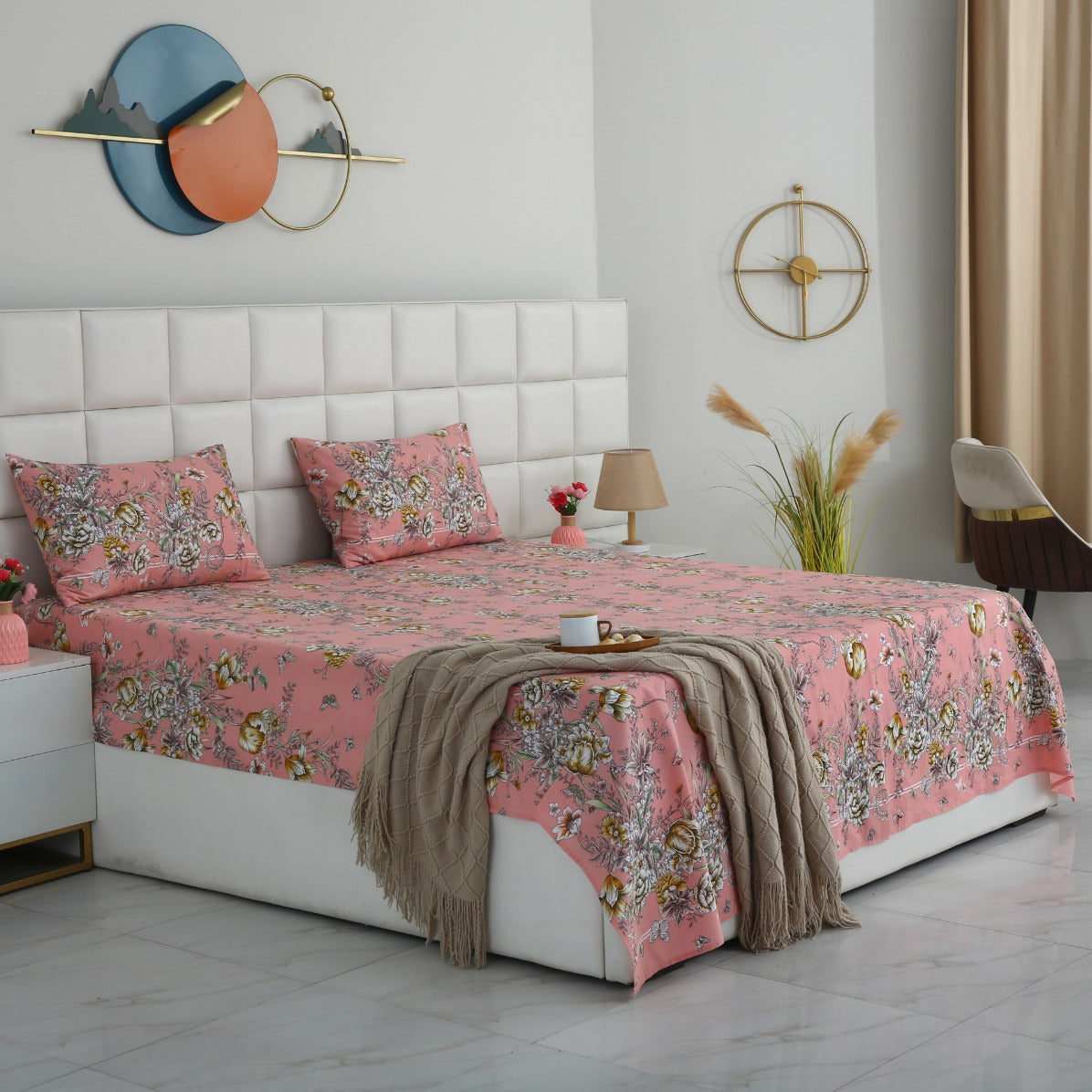3 PCs Double Bed Sheet With Same Packing- Beatrice Vintage Bed Sheets Apricot