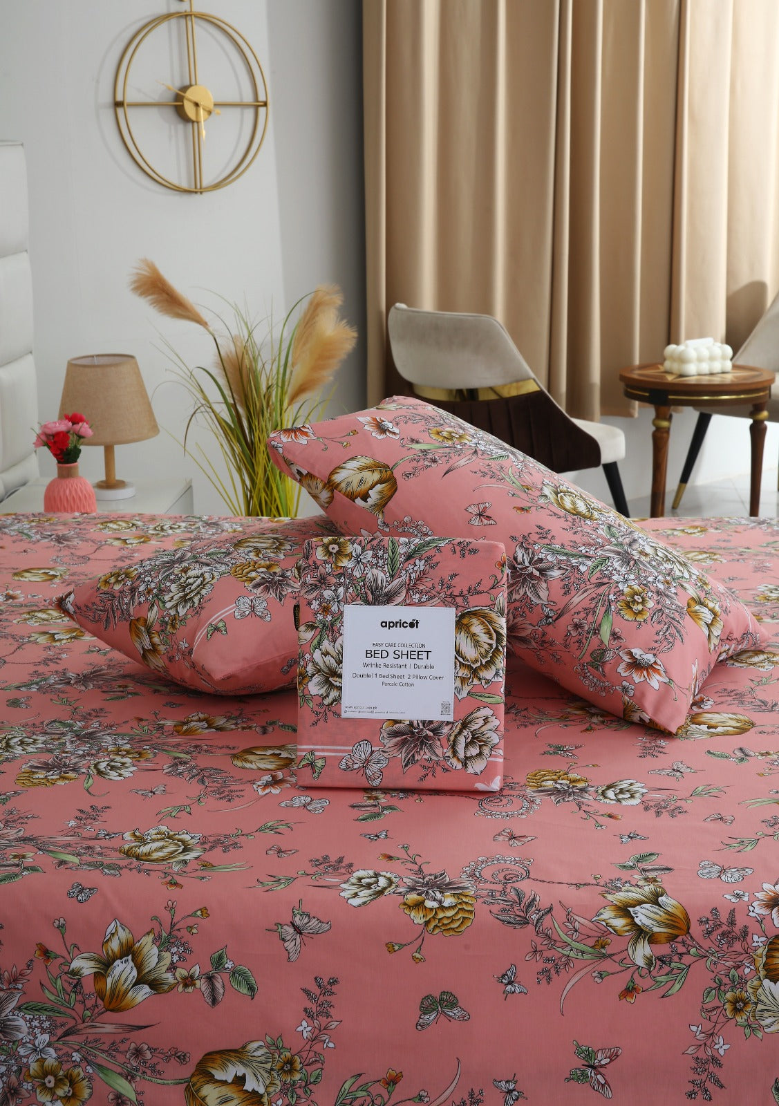 3 PCs Double Bed Sheet With Same Packing- Beatrice Vintage Bed Sheets Apricot