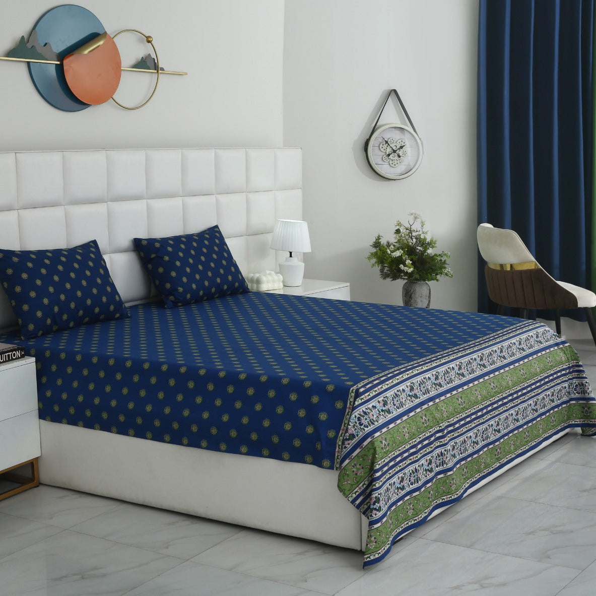 3 PCs Double Bed Sheet With Same Packing- Blue Motives Bed Sheets Apricot
