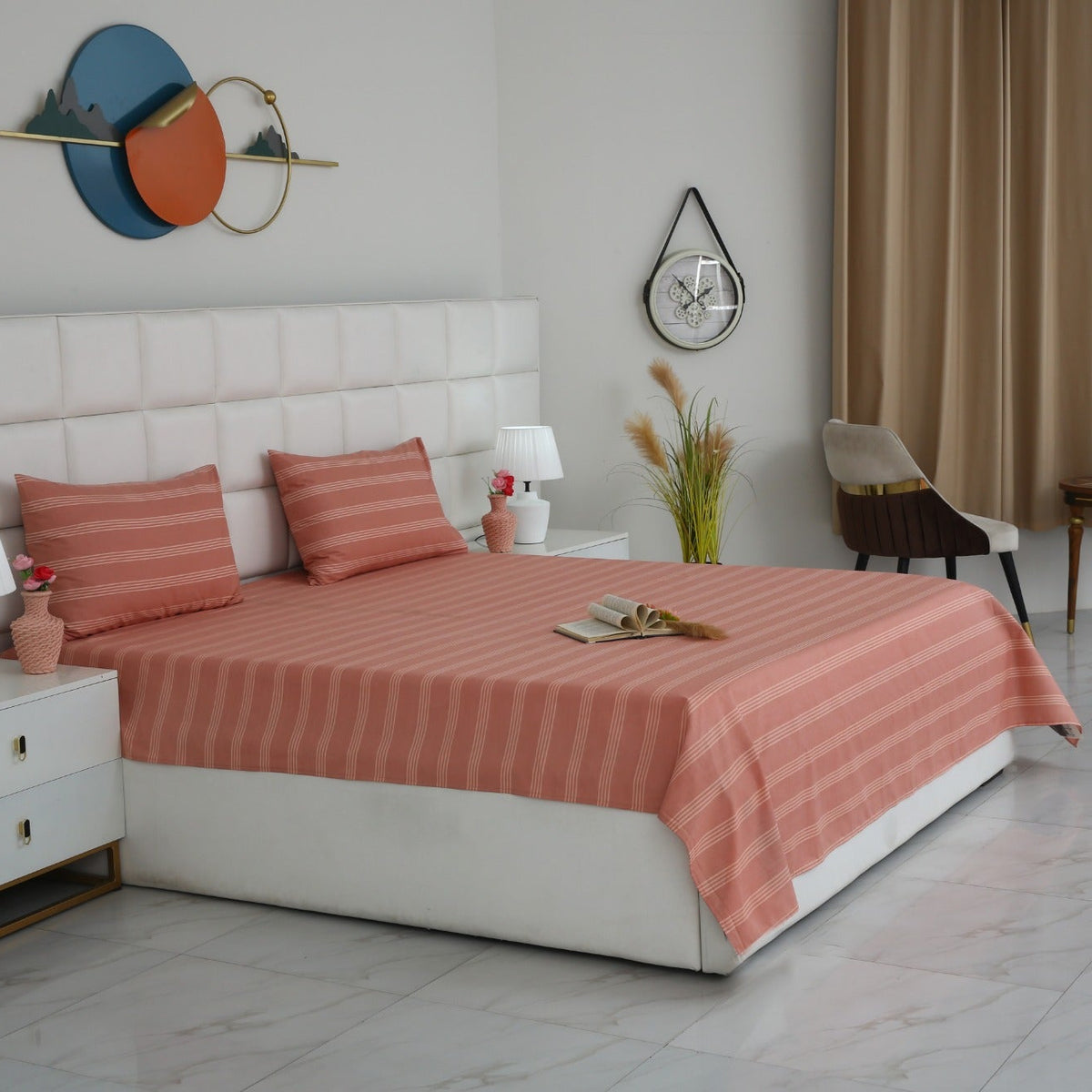 3 PCs Double Bed Sheet With Same Packing- Peach Boders Bed Sheets Apricot