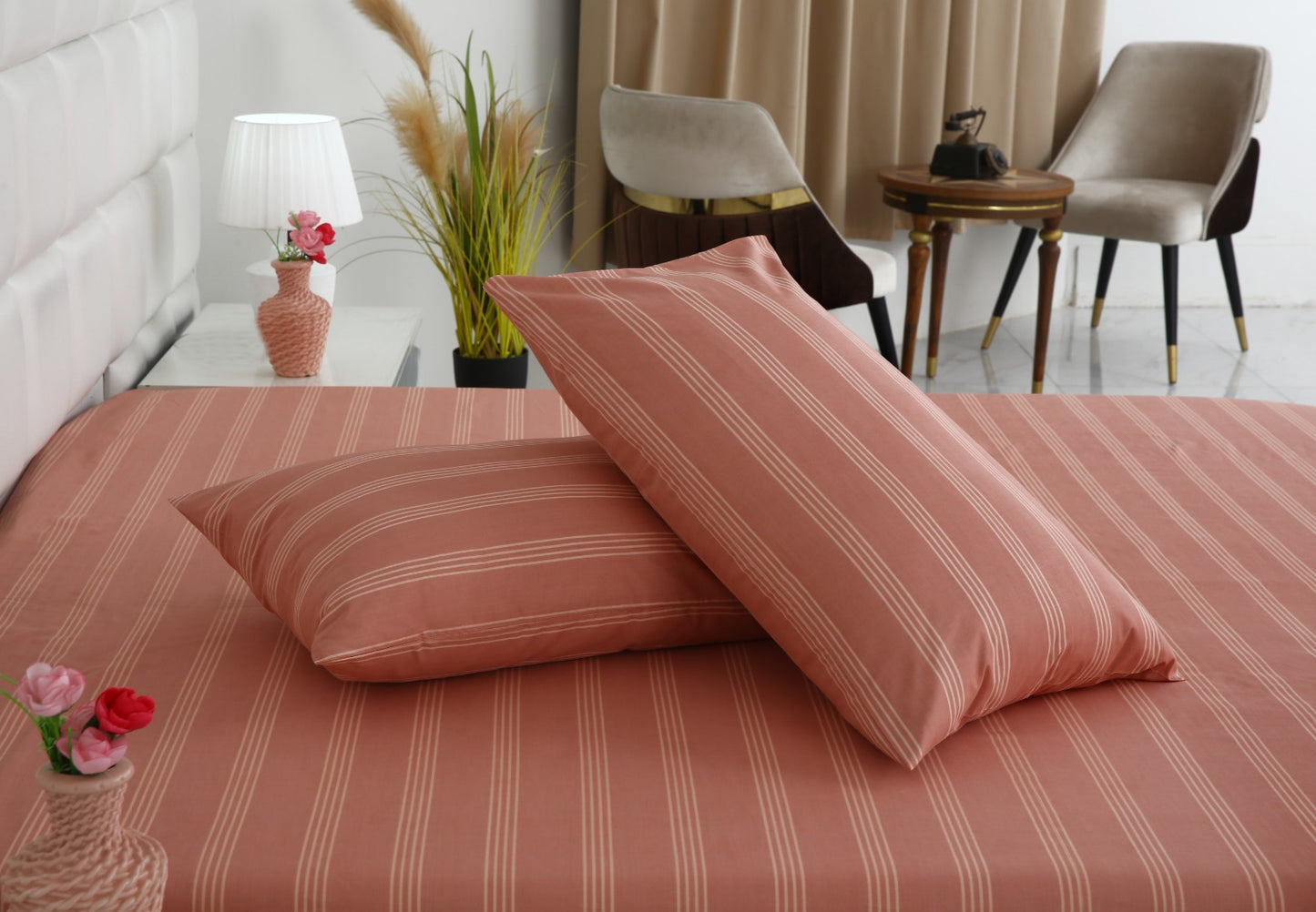 3 PCs Double Bed Sheet With Same Packing- Peach Boders Bed Sheets Apricot