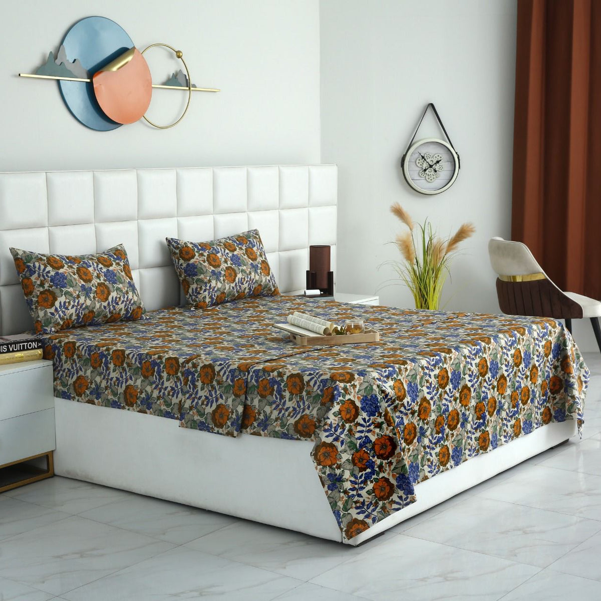 3 PCs Double Bed Sheet With Same Packing- Starlit Bloom Bed Sheets Apricot