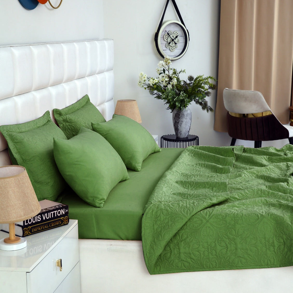 6 PCs Bed Spread Set- Olive Bed Spread Apricot