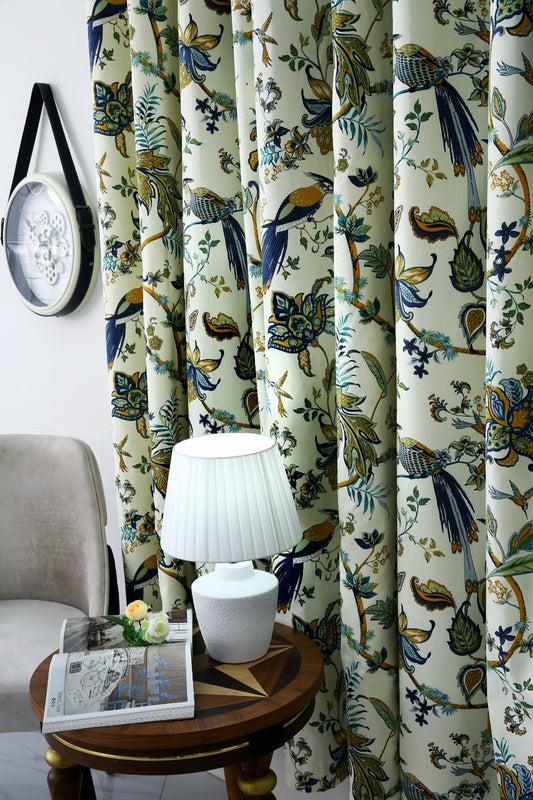 2 PCs Duck Curtains Panel- Blue Birds Curtains Apricot
