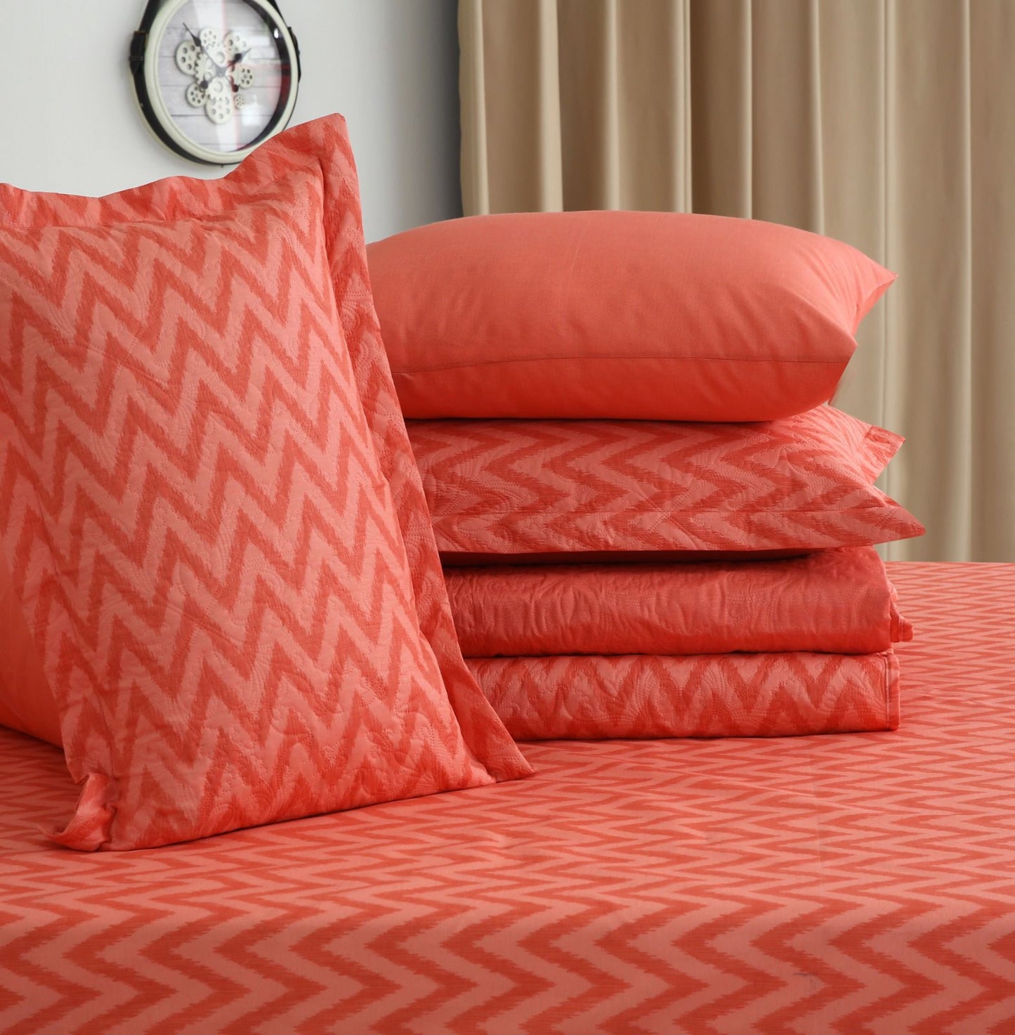 6 PCs Bed Spread Set- Peach Chevron Bed Spread Apricot