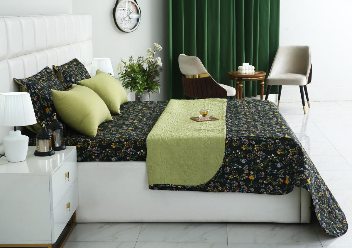 6 PCs Bed Spread Set- Black Meadows Bed Spread Apricot