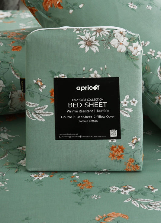 3 PCs Double Bed Sheet With Same Packing- White Dahlia Bed Sheets Apricot