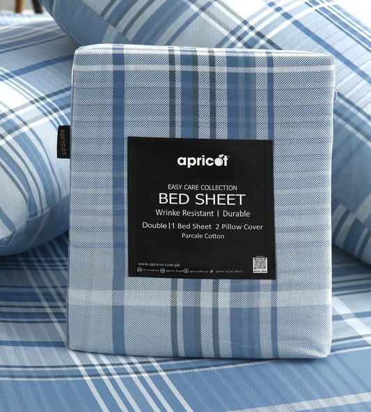 3 PCs Double Bed Sheet With Same Packing- Sky Blue Check Bed Sheets Apricot