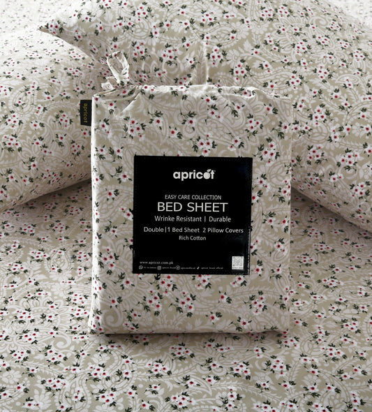 3 PCs Double Bed Sheet With Same Packing- Green Tiny Bed Sheets Apricot