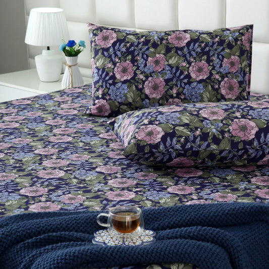 Percale Cotton Fitted Bed Sheet- Moonlit Blossom