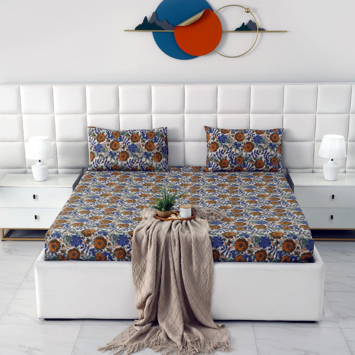 Percale Cotton Fitted Bed Sheet- Amber Azure
