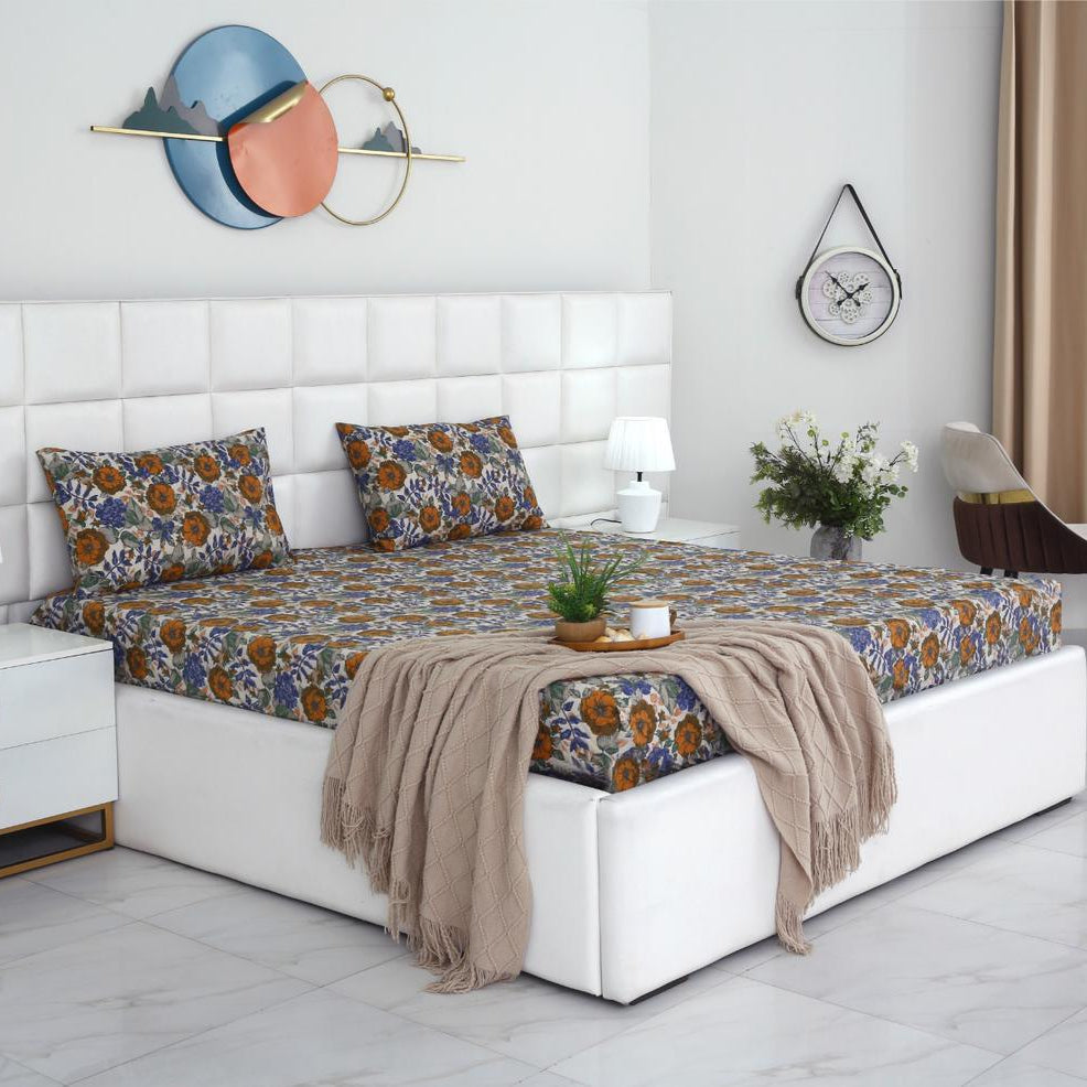 Percale Cotton Fitted Bed Sheet- Amber Azure