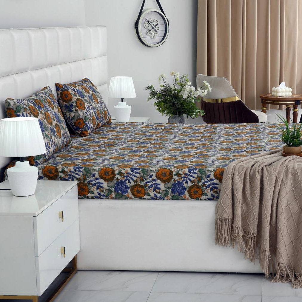 Percale Cotton Fitted Bed Sheet- Amber Azure