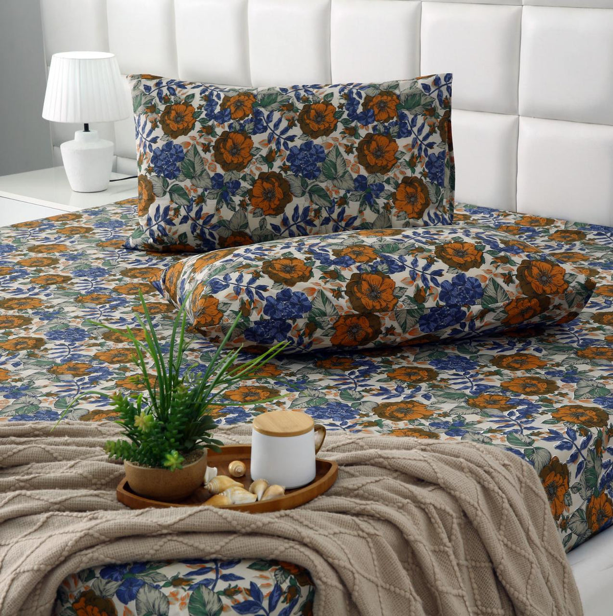 Percale Cotton Fitted Bed Sheet- Amber Azure