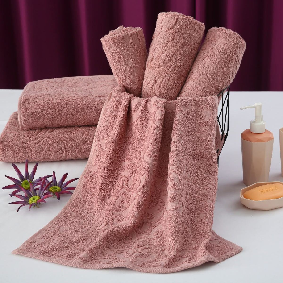 1 PC 100% Cotton Face Towel (10259)- Dusty Pink Bath Towels & Washcloths Apricot